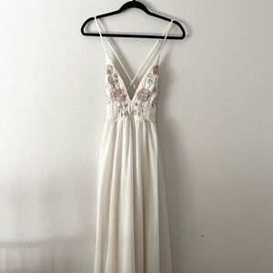 Sheer Floral Embroidered Plunging Chiffon Maxi Dress